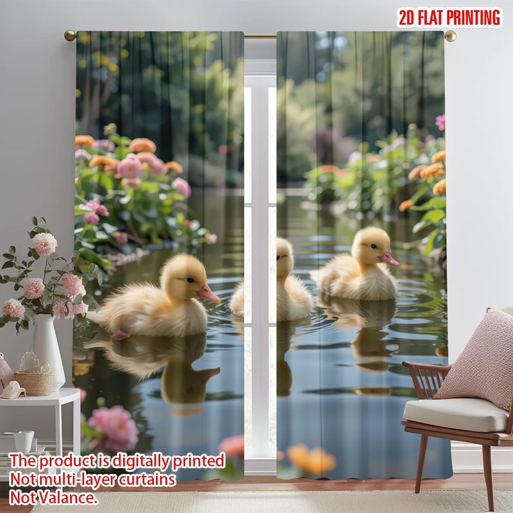 

2D flat printing 2pcs Drapes Three Ducklings Swimming Digital Printed Polyester Drapes Family Party Decoration Perfect for