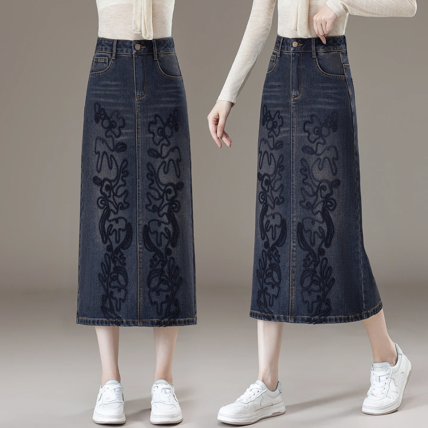 Jupe en jean brodée rétro, taille haute, mi-longue, coupe droite, pour femmes, nouvelle collection printemps automne, mélange de coton décontracté