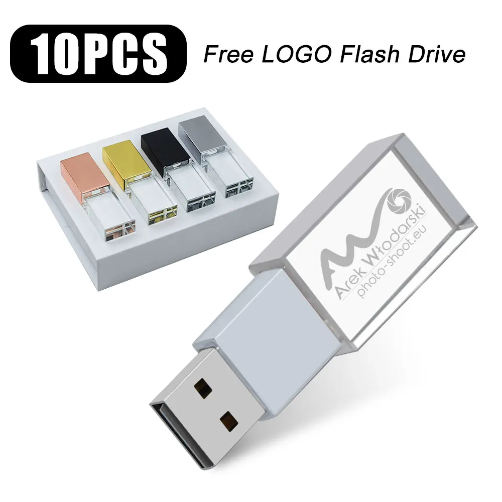 Pendrive USB 2,0 de cristal a la moda, unidad Flash resistente al agua, 64GB, 32GB, 16GB, 8GB, 4GB, regalo creativo, logotipo personalizado gratis, 10 piezas