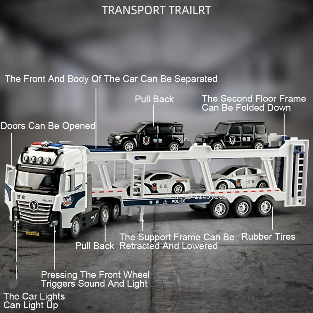 รถบรรทุกตำรวจของเล่นจำลองโลหะผสม 1:50 พร้อมเสียง ไฟ ประตูเปิดได้ ดึงหลังวิ่งได้ ของขวัญสำหรับเด็กผู้ชาย
