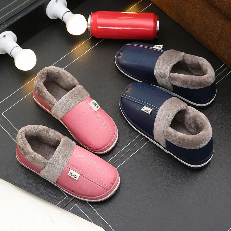 Big Size 50 51 Men Slippers Winter Warm PU Leather Waterproof Indoor Home Slipper Furry Shoes Couples Flats Bedroom Plush Slides