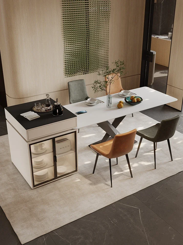 Cream wind island dining table integrated Italian minimalist small multifunctional home simple rock plate rice table and chair