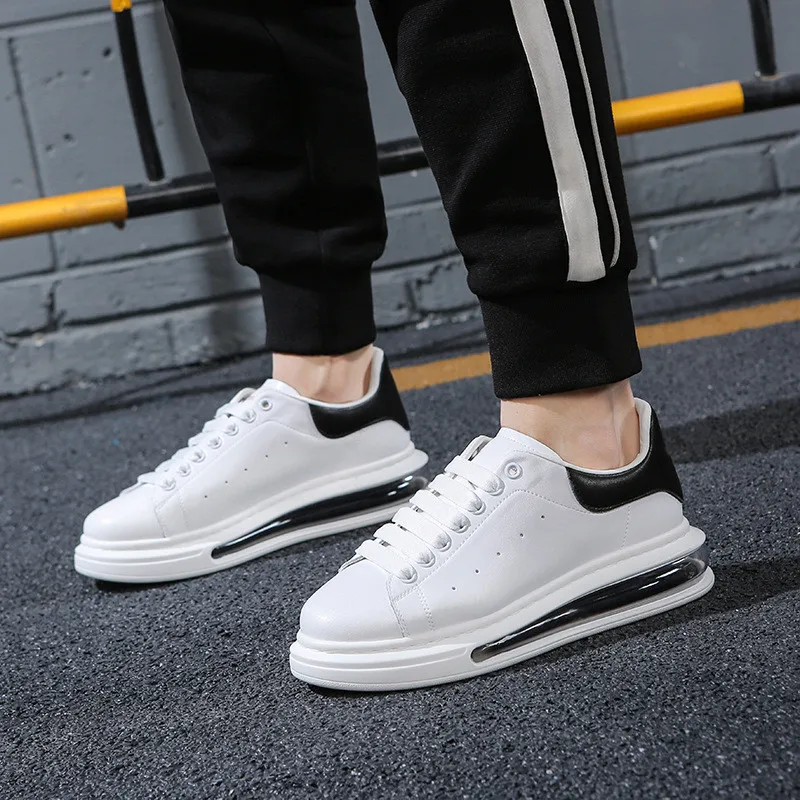 

Korean street style men casual original leather shoes black white flats platform shoe comfort air cushion sneakers mans footwear