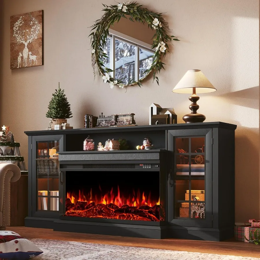 

70 Inch Fireplace TV Stand for TVs up to 80" Rustic Media Entertainment Center Console Table with Glass Door Closed Storage 3-S