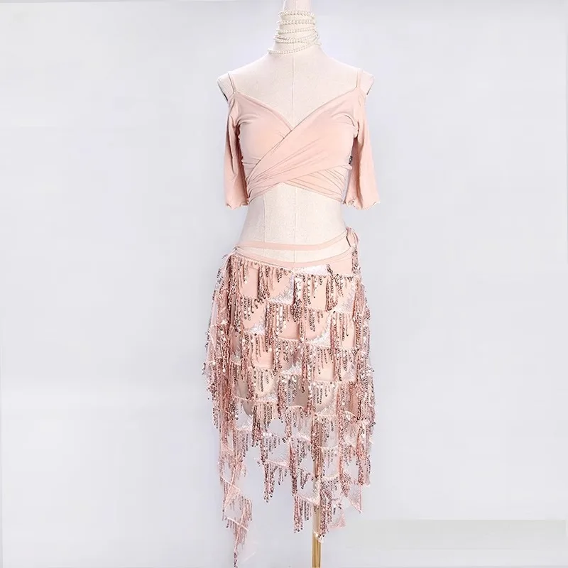 Customized New Belly Dance Costume Practice Top and Practice Dress Set with Tassel Shining Hip Scarf Skirt Performance Dress