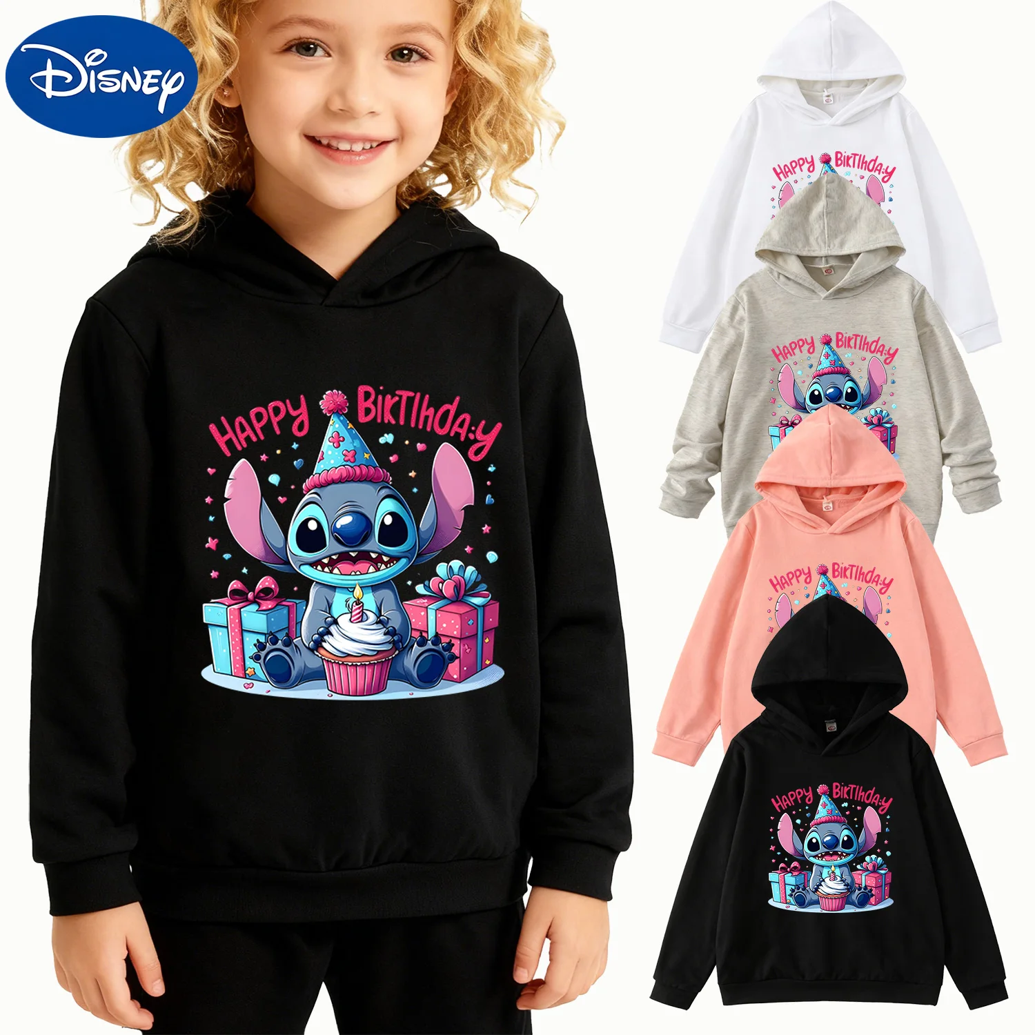

Kids Disney Stitch Happy Birthday Hoodie, Black Long Sleeve Pullover