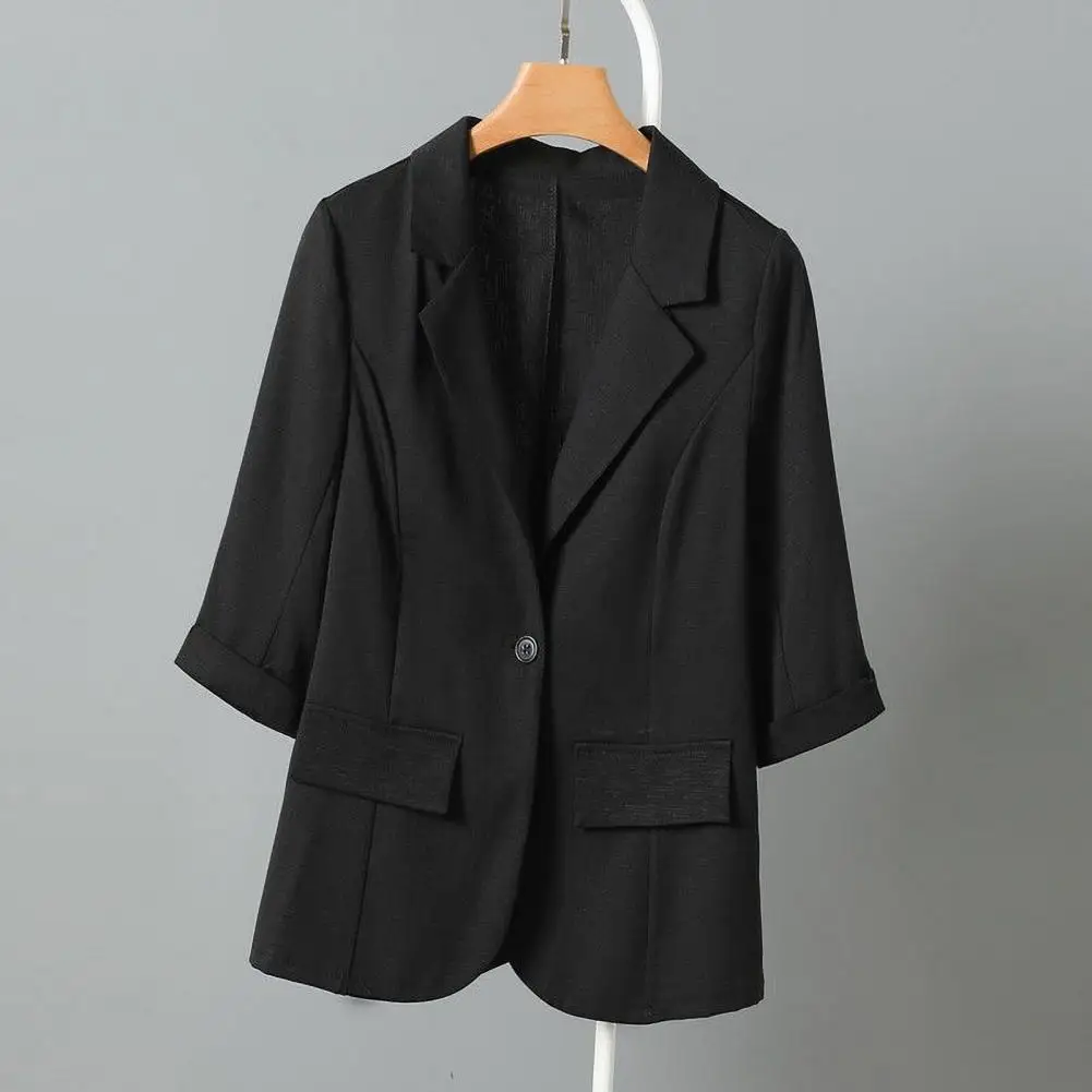 Manteau Imbibé à Manches Trois-Quarts pour Femme, Coupe Slim, Revers, avec Manches 3/4, Fermeture à Bouton Unique, pour Été