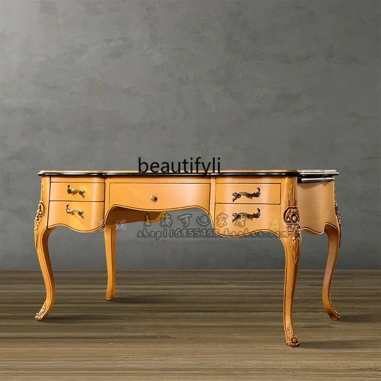 cc182French neoclassical study furniture, European yellow gold-painted retro old solid wood desk R
