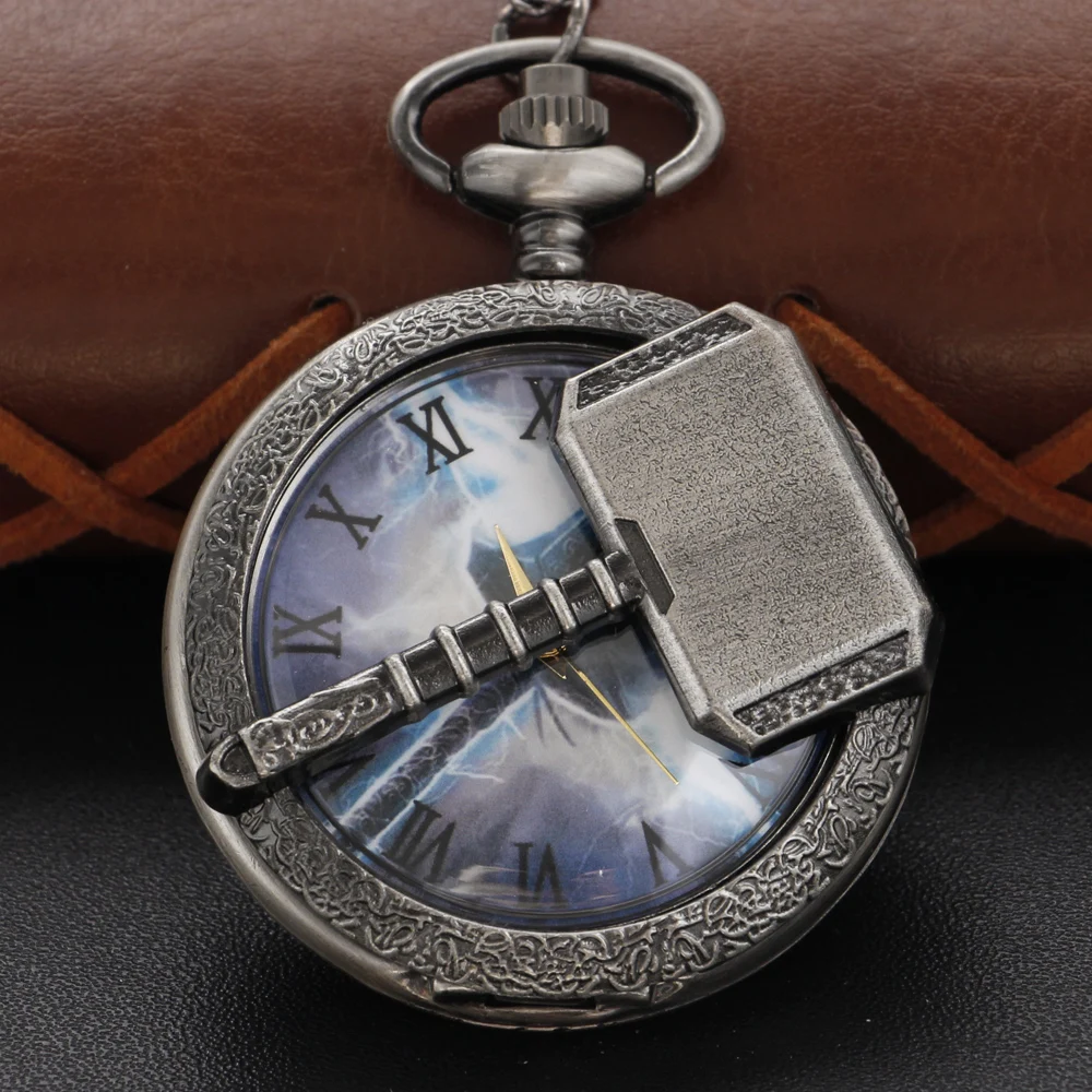 Film and Animation Thunder Hammer Logo Quartz Pocket Watch Hollow Chain Watch Men's and Women's Pendant Necklace Gift Cf1508