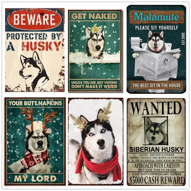 Cartel de Husky Metal Sign Dog Beware Wanted, placa de Metal, placa de hojalata de Husky Siberiano, decoración de arte de pared Vintage para el hogar, tienda de mascotas, patio, 30x40