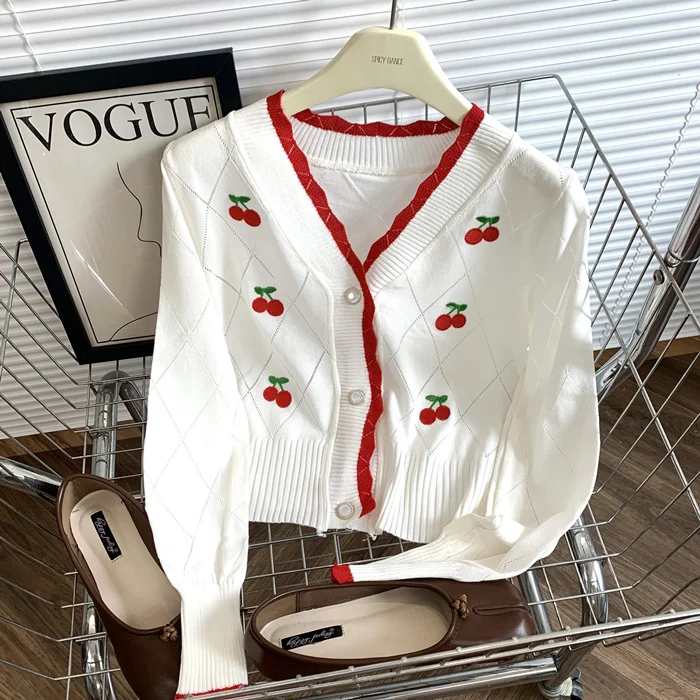 Cherry Cardigan Cute Applique Long Sleeve Button Front Sweater Jacket for Women Autumn Winter Vintage Cottagecore Outfit