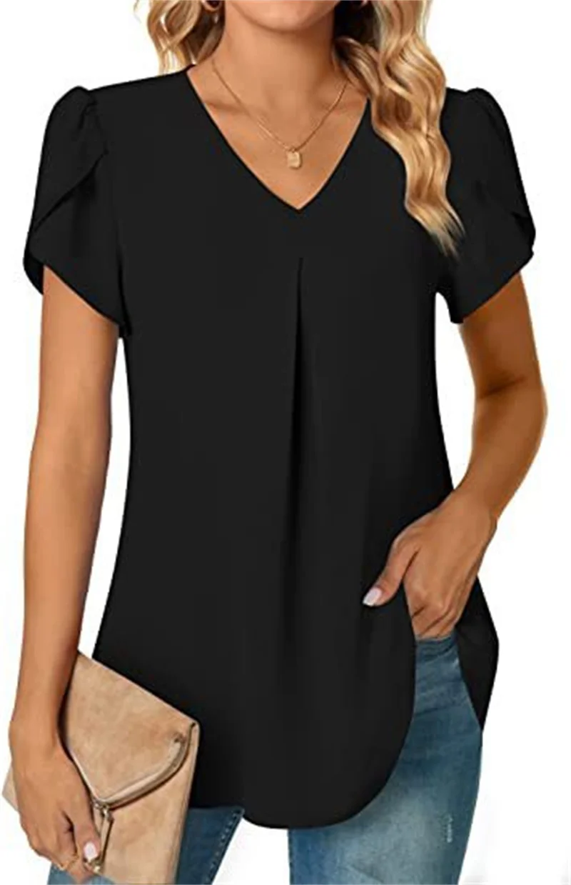 Sexy V Neck Ruffle Short Sleeve Blouse Shirts Summer Women V Neck Solid Color Loose OL Workout Blouse Tops