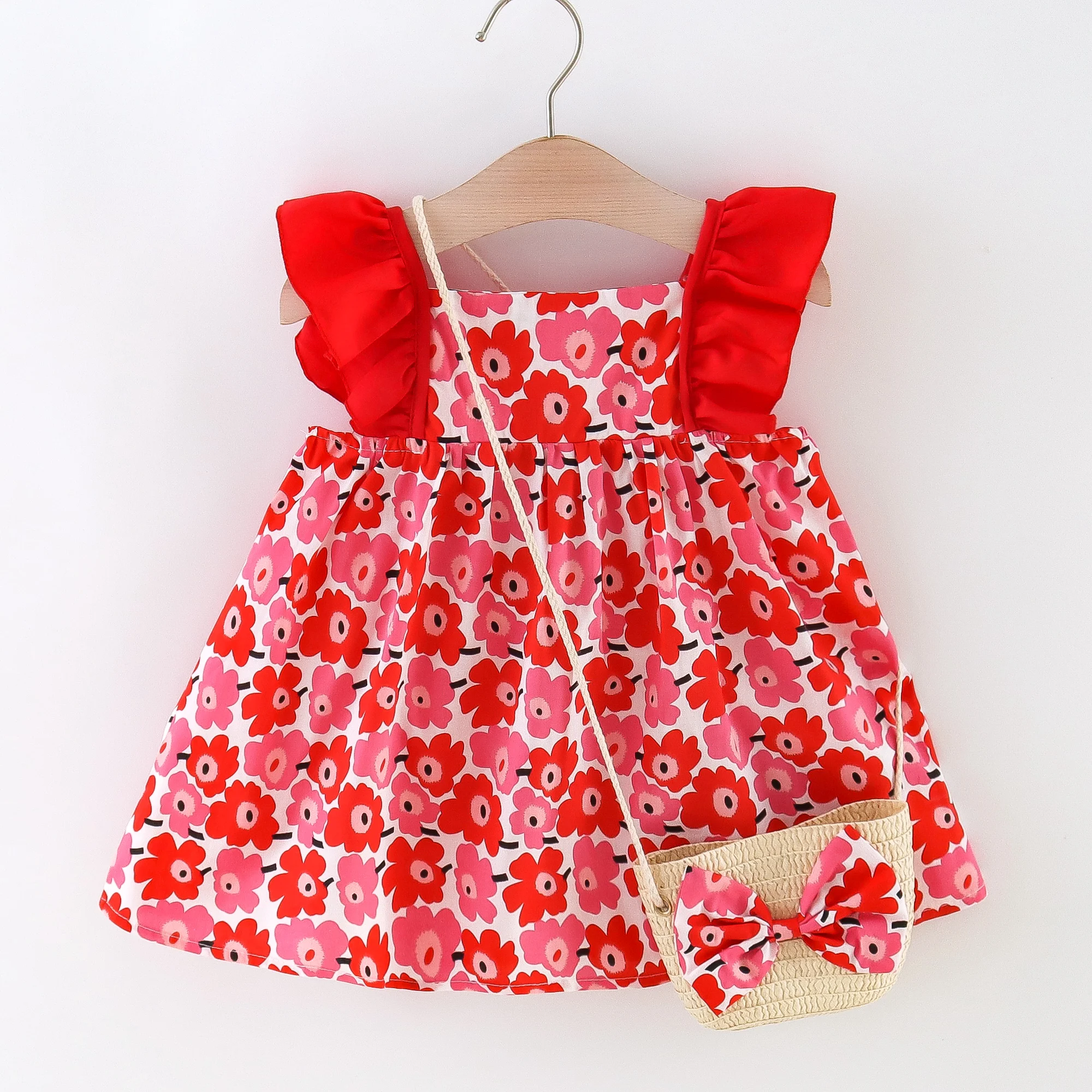 Summer dress bag two-piece set for girls cartoon small flower print Korean version cute flying sleeve dress