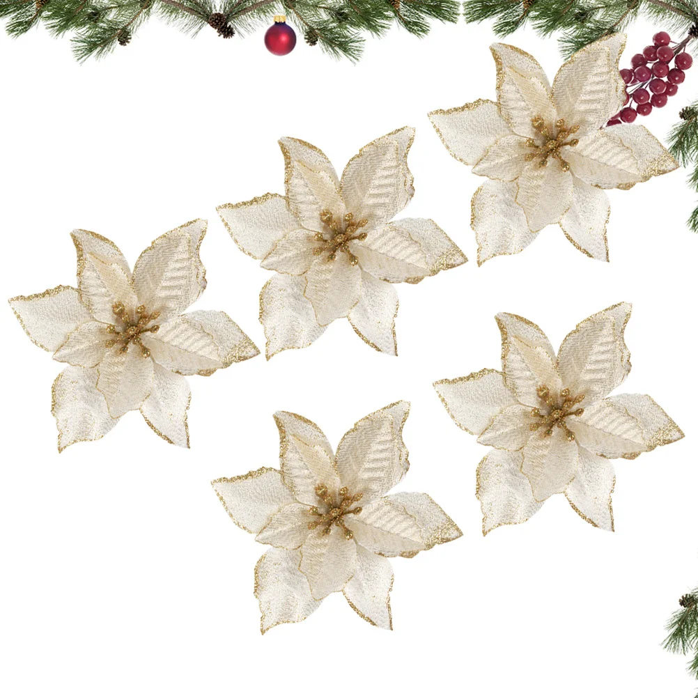 

5Pcs Golden Christmas Glitter Flowers Festive Artificial Blooms for Tree Wreath Wall Decor Holiday Season Outdoor Indoor Xmas