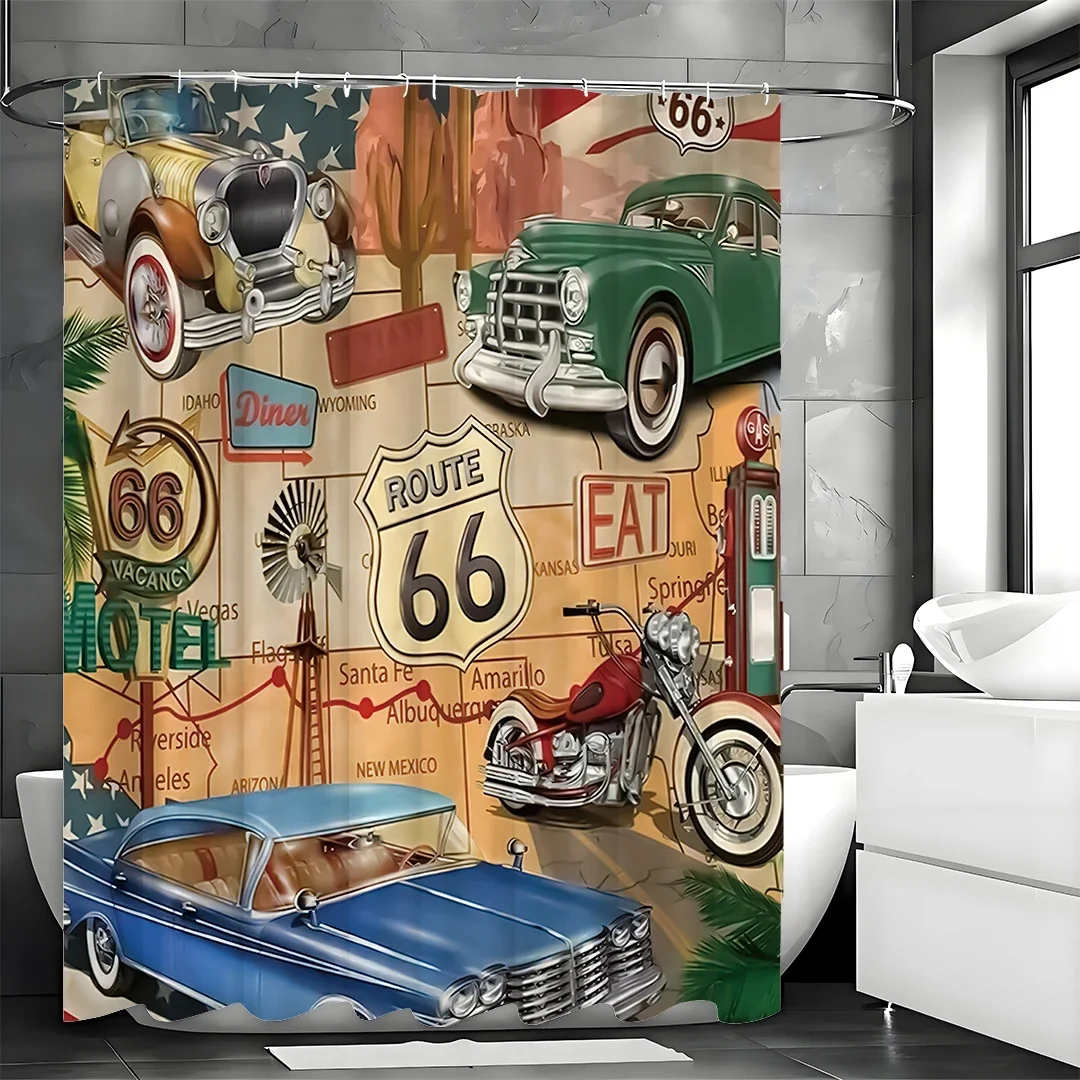 Route 66 Theme Background Comic Book Vintage Road Map Cars Motorcycles Historic Shower Curtain, Bathroom Decorative Shower Curta
