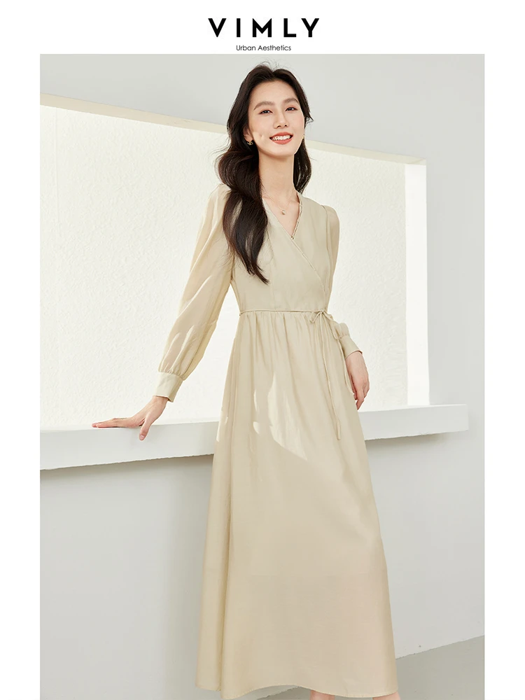 Vimly Elegant Maxi Dress 2024 Spring Light Khaki French Style V-neck Puff Sleeve Lyocell Tie Belt A-line Long Wrap Dresses M5808