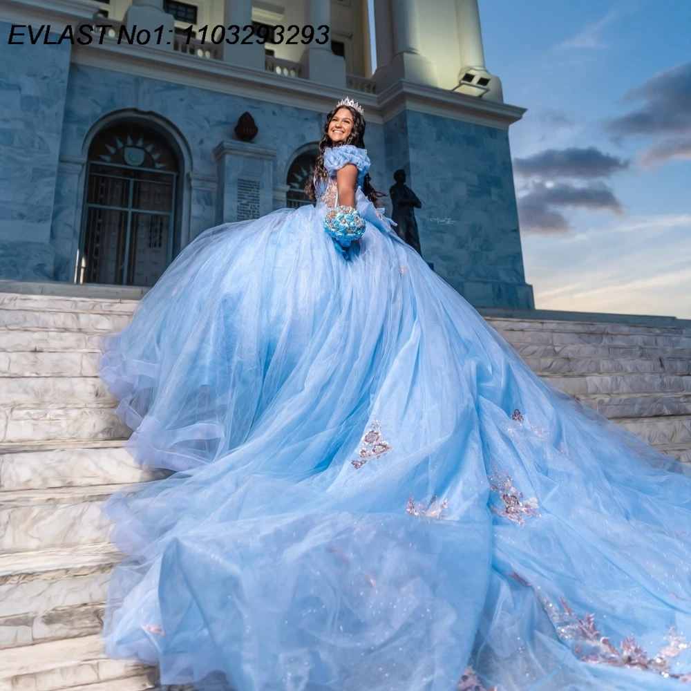 

EVLAST Customized Sparkly Sky Blue Ball Gown Quinceanera Dress Applique Beading Bow Corset Sweet 16 Vestidos De 15 Anos E1QN80