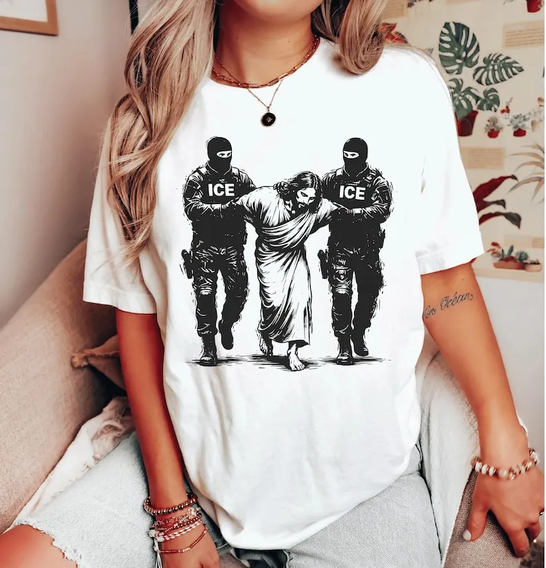 Anti-ICE Jesus Arrested Parody Shirt, Sarcastic Immigrant Rights Tee, Political Protest Street Art Graphic
