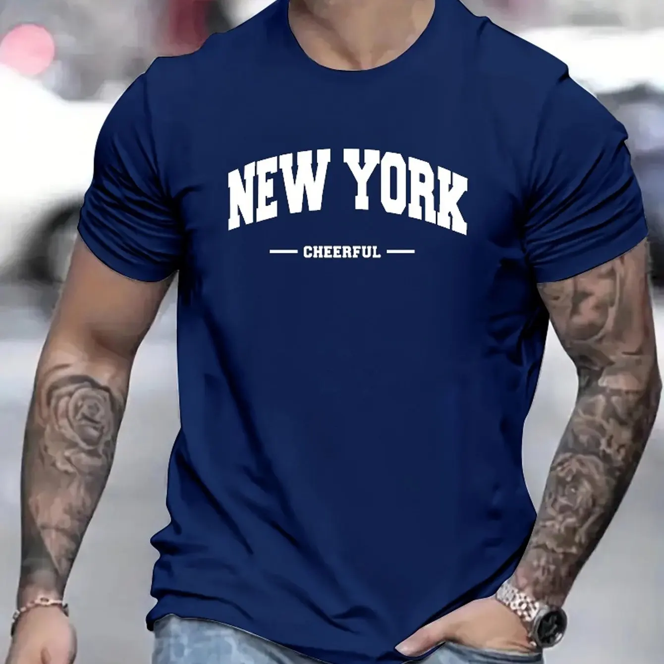 Men's 100_ pure cotton summer loose fit oversized New York Cheerful print casual slim fit round neck short sleeved T-shirt top