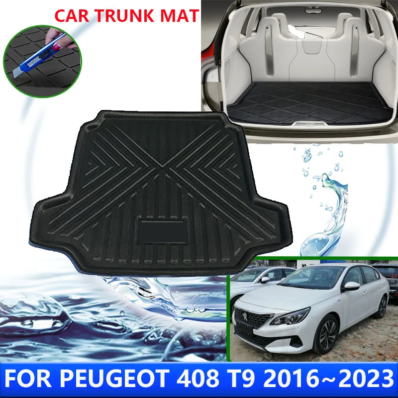 For Peugeot 408 T9 2016~2023 2017 2018 2020 2021 Car Rear Trunk Protector Pad Auto Waterproof Liner Anti-Fouling Mat Accessories