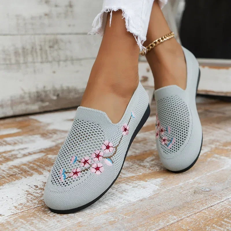 Flower Embroider Stretch Weav Ballet Flats Women Loafers  Spring Autumn Breathable Mesh Casual Shoes Sneaker Boat Shoes