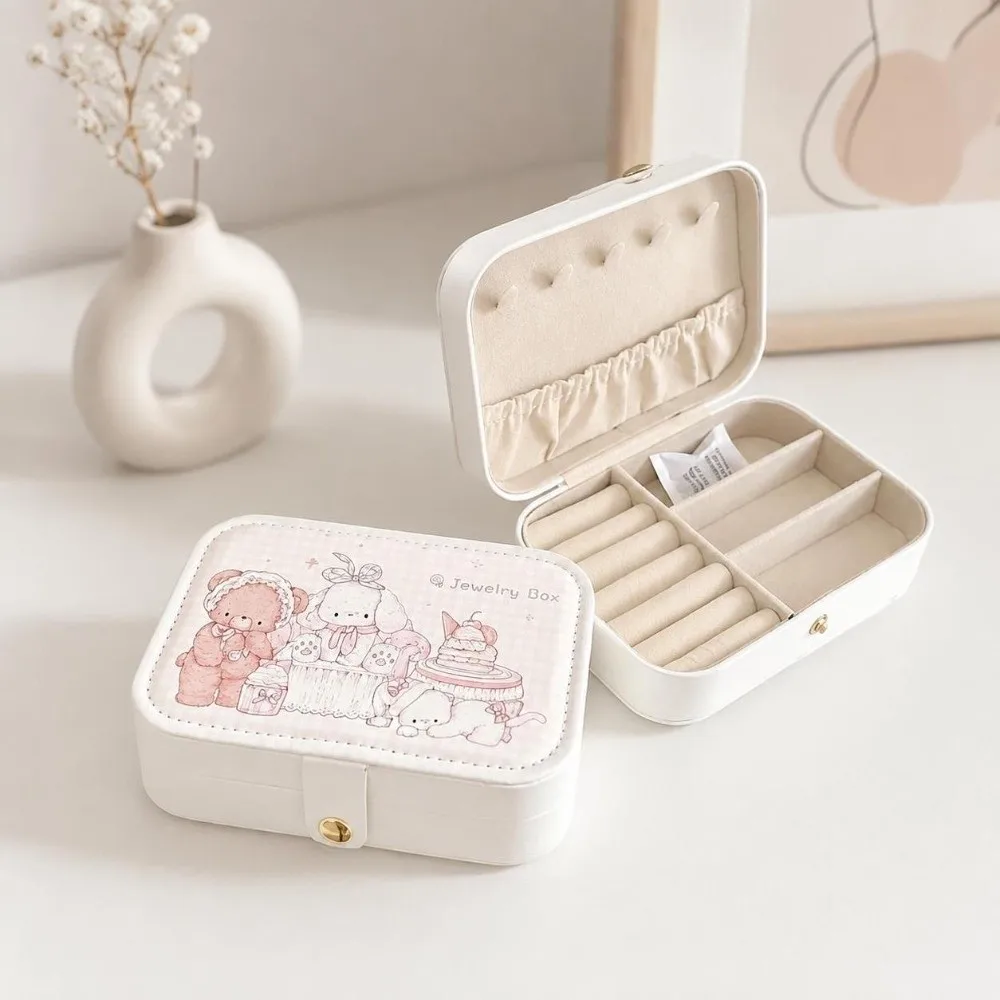Cartoon Rabbit Cat Jewelry Storage Box Velvet Lining PU Leather Organizer Box With Dividers Jewelry Travel Case For Women Travel