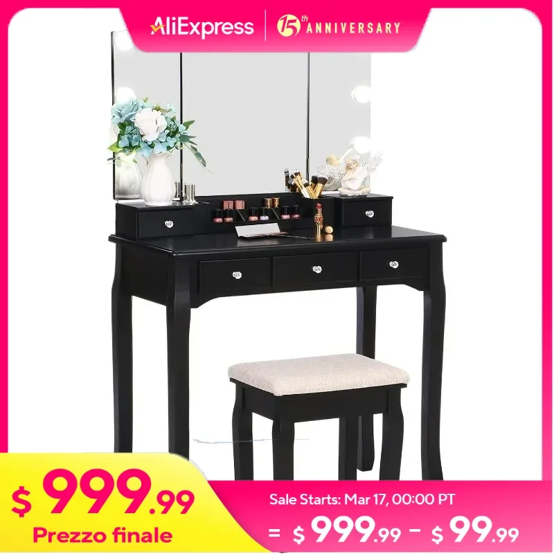 Vanity Set with Lighted Mirror, Makeup Vanitys with Tri-Folding Mirror 10 LED Bulbs, Desk Vanity with 5 Drawer