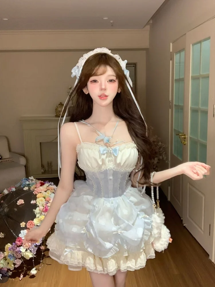 

Sweet Princess Style Pleated Skirt with Bowknot Heavy Embroidery Light Loose Fit Women's Spring Summer Short Dress
