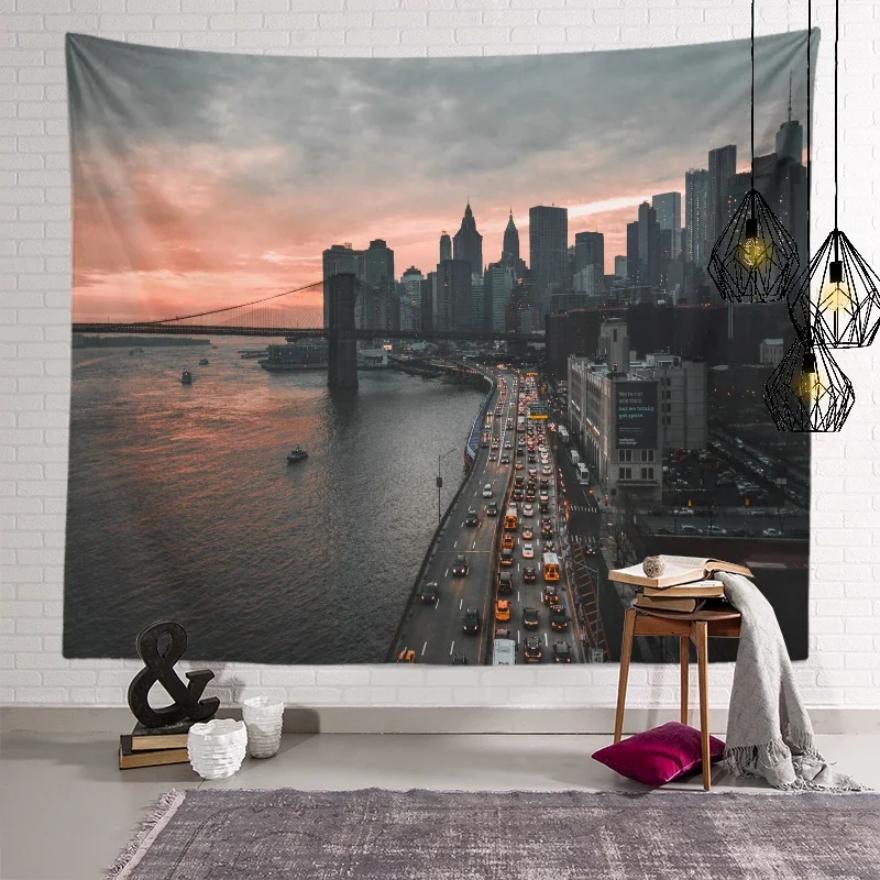 Modern Art City Silhouettes Tapestry Skyscraper Bridge Traffic Tapestry Wall Hanging Home Decor for Bedroom Living Room Dorm