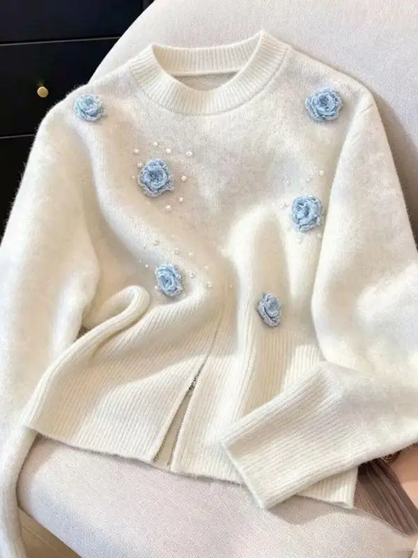 Heavy Embellished Knitted Long Sleeve round Neck Female Outerwear Casual Style Floral Patterned Knitwear Spring Autumn New Ar...