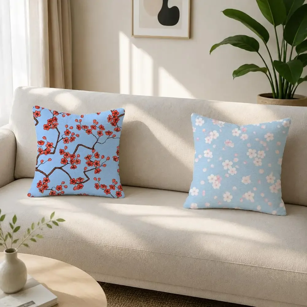 Japanese Botanical Repeat Sakura Cherry Blossom Seamless Soft Plushs Fluffy Throw Pillow Cases for Sofa Bedroom Home Decor