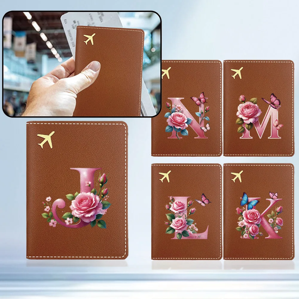

Portable Premium PU Passport Set Durable Folding Passport Holder Pink Butterfly Initial Name 26 Letters Pattern