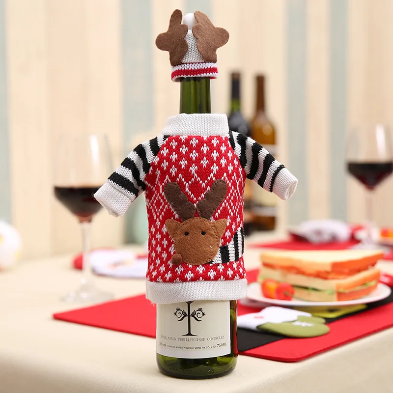 Hot sale 1 Set Cute Sweater Red Wine Bottle Cover Bags Santa Claus Dinner Christmas Table Decoration Clothes With Hats