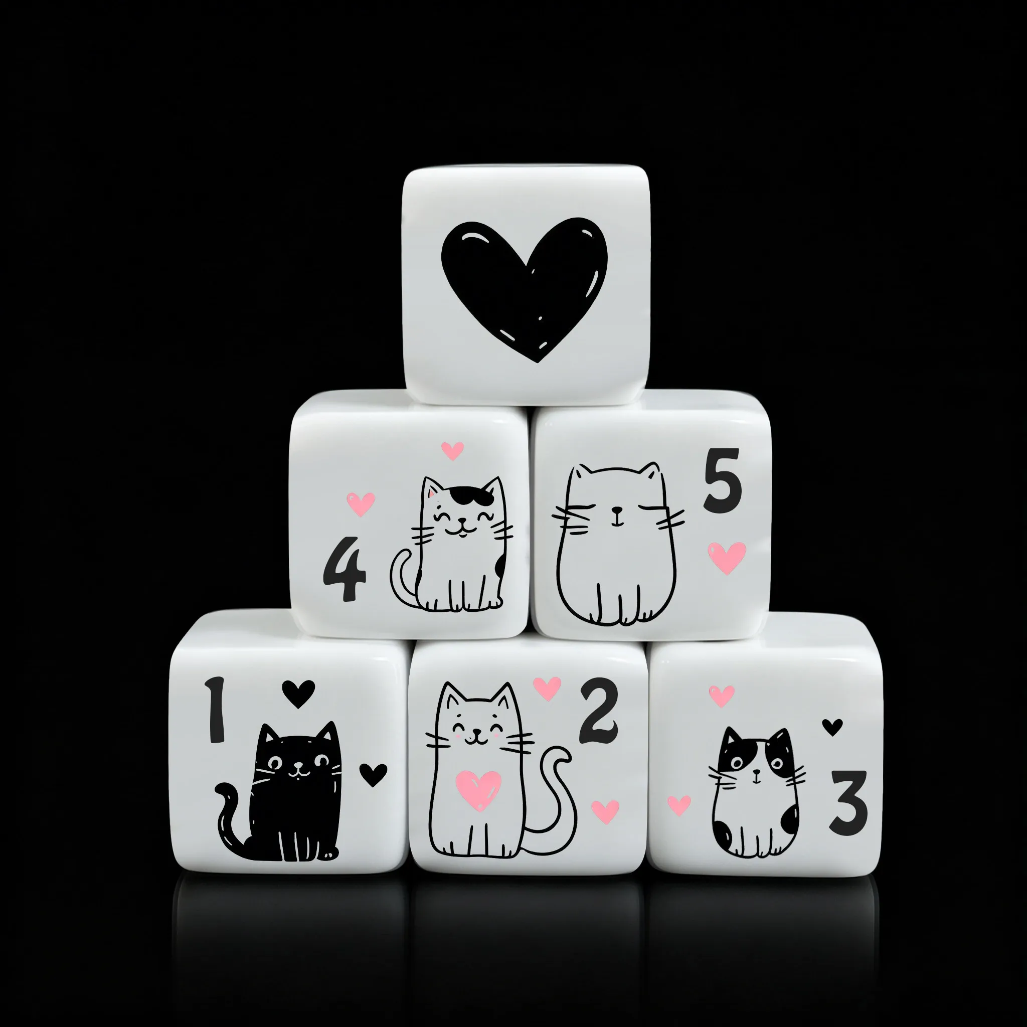12Pcs/Set 16mm Cute Cat Dice, Premium Acrylic 6-Side Dice with Black White Kitty & Heart Design for DND, RPG, Board Games, Gifts