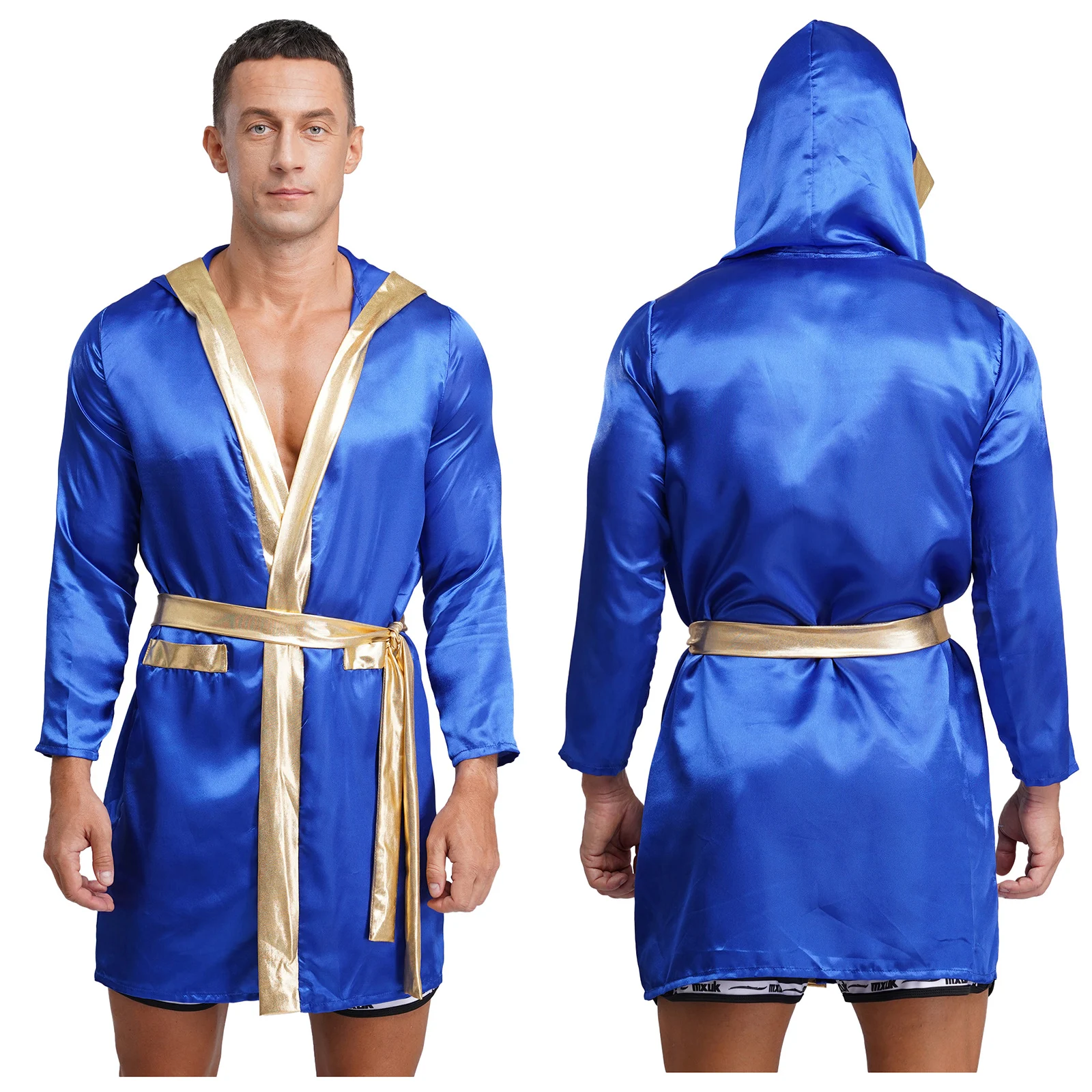 Mannen Halloween Carnaval Boxer Cosplay Kostuum Lange Mouw Open Voorzijde Metallic Glanzend Satijn Boksgewaad Kapmantel met Riem