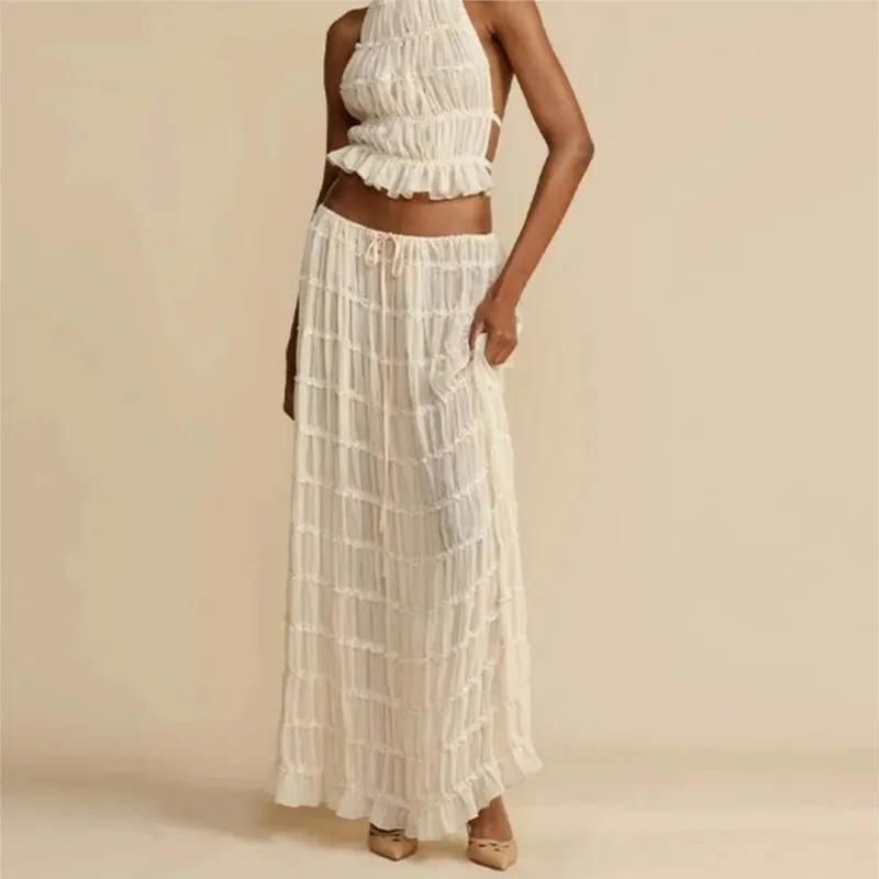 New Sexy Backless Halter Strappy Pleated Lace Vest Long Skirt Suit For Women Fashion Dress Sets Solid Summer Beach Party Outfits