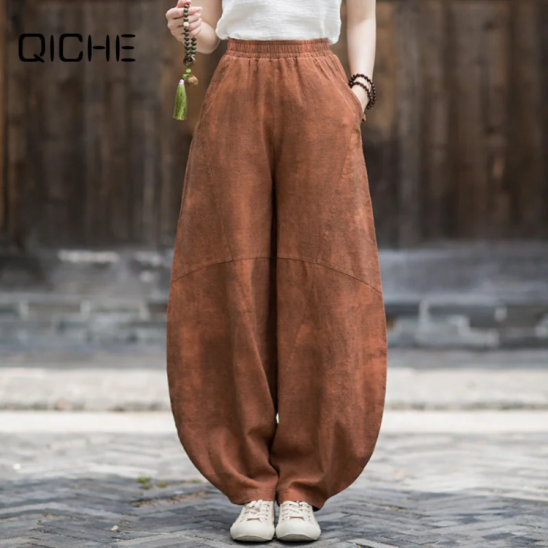 QICHE Women 2026 Autumn Gradient Dye Washed Ramie Harem Wide Leg Pants Vintage Loose Meditation Casual Long Trousers