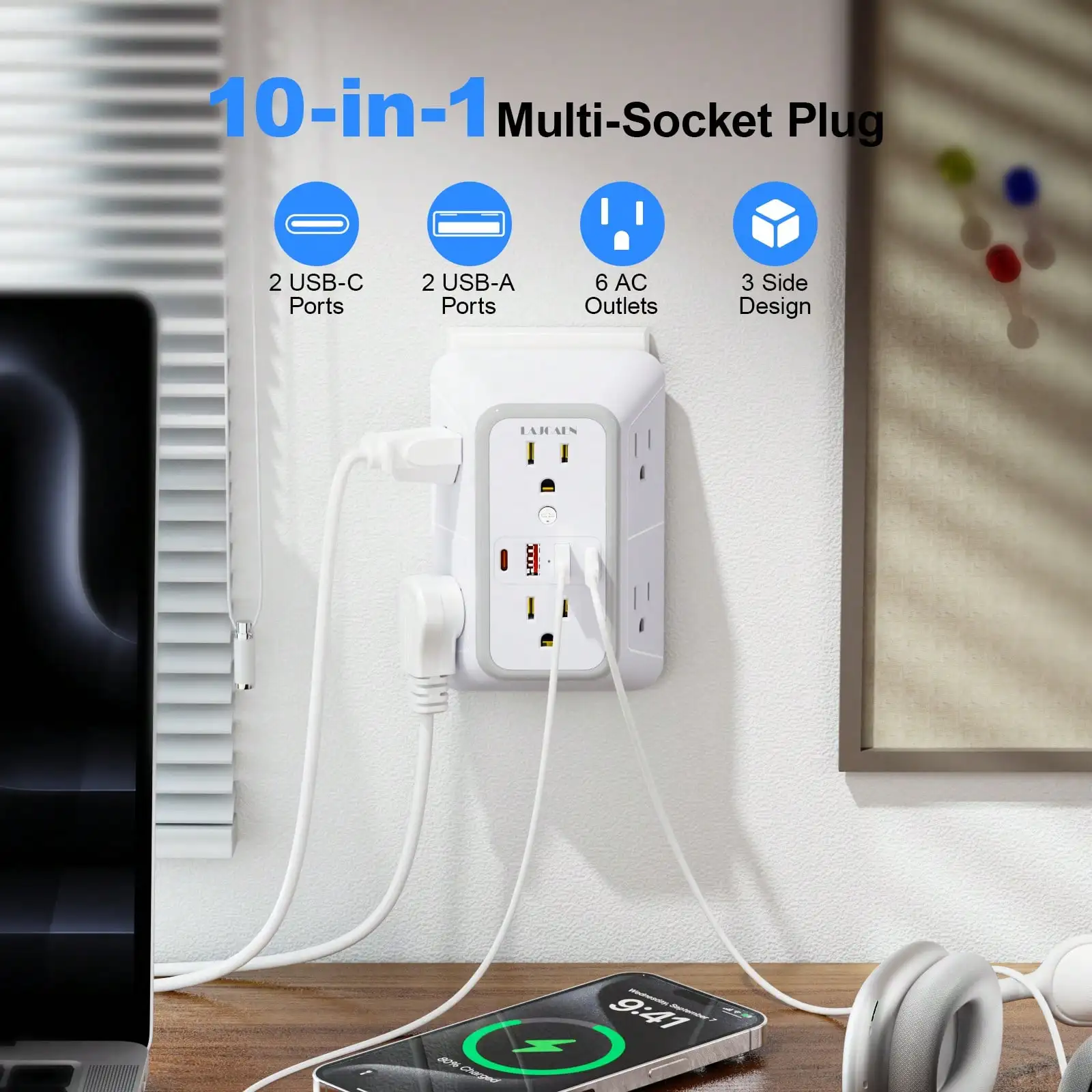 Wall Charger Surge Protector With 6 AC Outlets, 2 USB-C & 2 USB-A Ports, Wide-Spaced Sockets, Mountable Design, Over-Current/Temperature/Voltage Protection For Home, Office, Travel