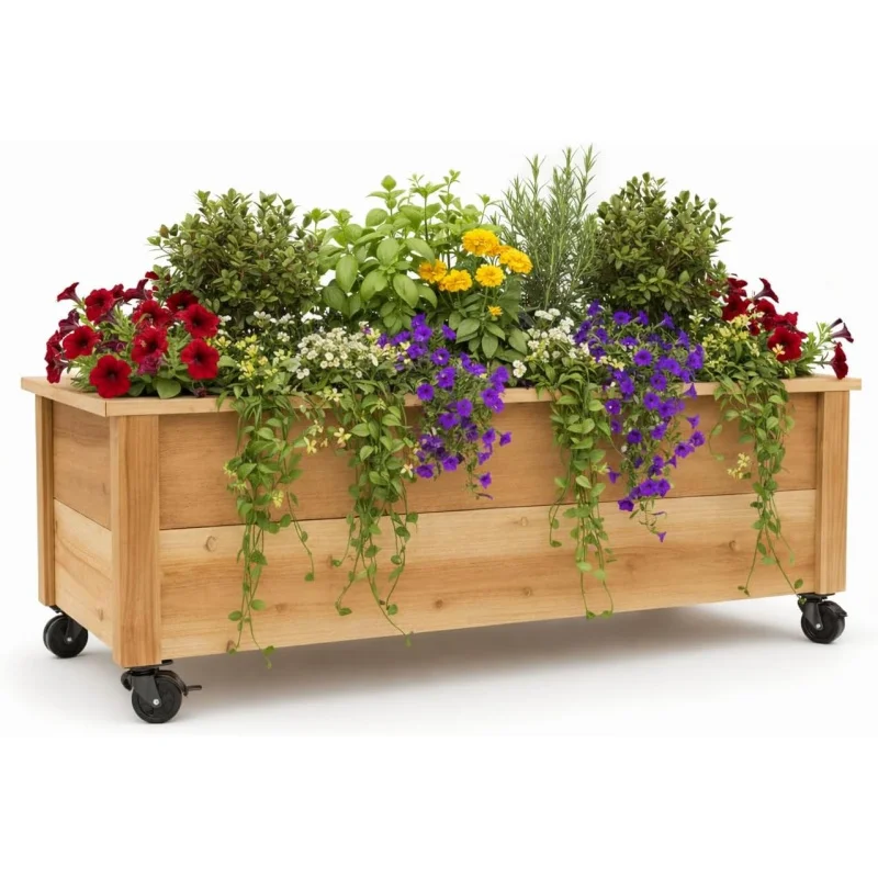 

2026 New：Cedar Raised Garden Bed Planter Box with Castor Wheels – Elevated Rolling Wooden Planters Patio, Balcony & Outdoor