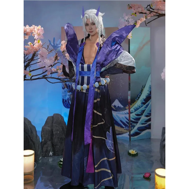 LOL Spirit Blossom Yone 코스프레 의상 가발 귀걸이 뿔 머리 장식 남자 할로윈 파티 카니발 롤 플레잉 복장 하이 부츠