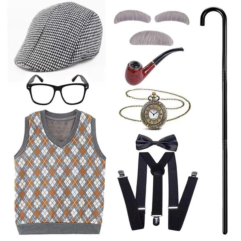 Disfraz de Halloween para la vuelta al cole: Conjunto de disfraz de abuelo con chaqueta, correa para el hombro, bastón de plástico y sombrero para fiesta, disfraz étnico para mujer.