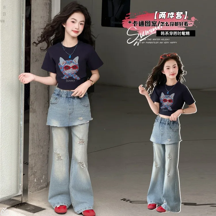 

Trendy Girls Summer clothes junior kids Flared skirt Jeans cotton cartoon t-shirt 4-14 teen child kid outfits top pants clothing