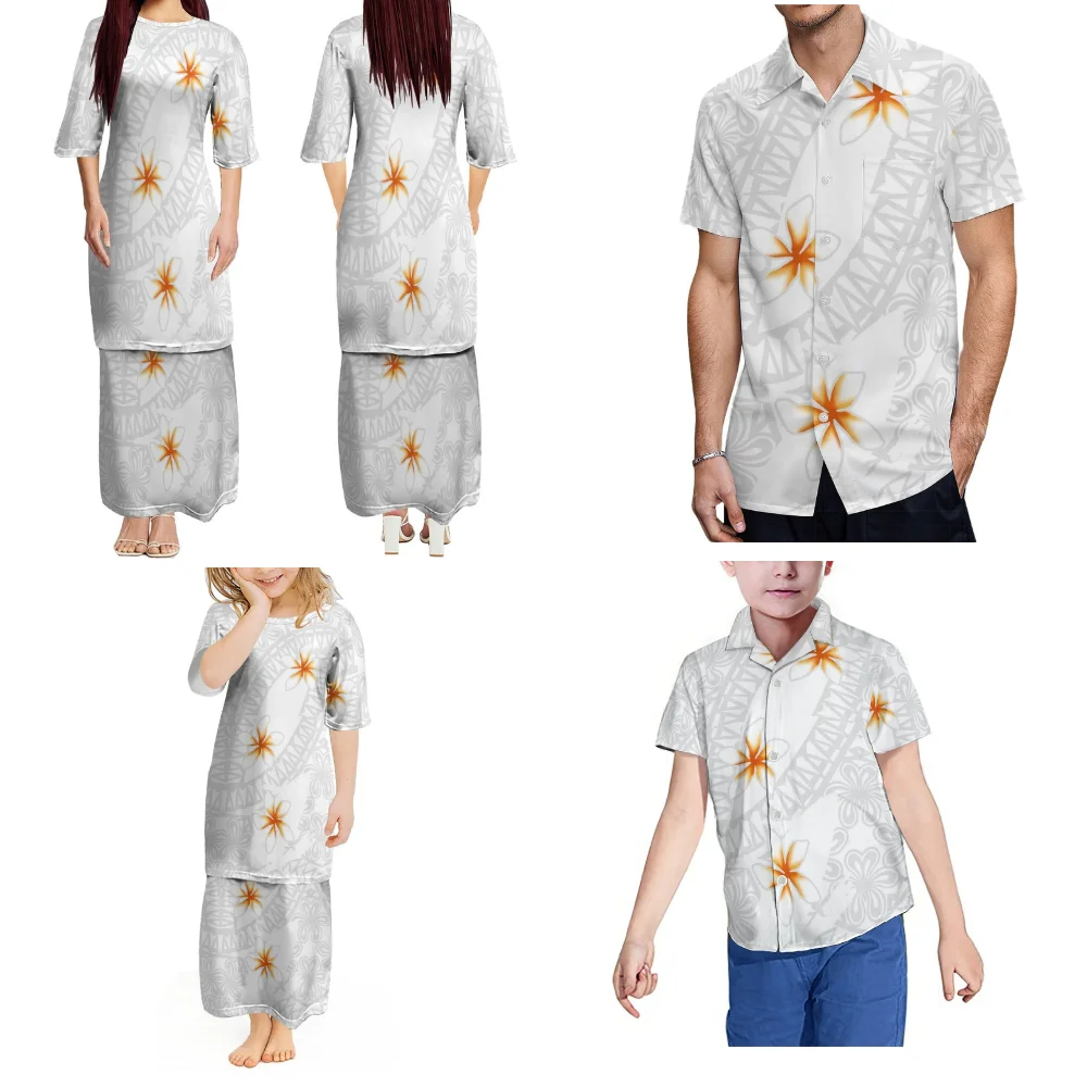 Feiertags-Insel-Stil Familienanzug Weißes Damenkleid Puletasi-Anzug Temperament Langer Rock Herren Aloha-Hemd Kinderbekleidung