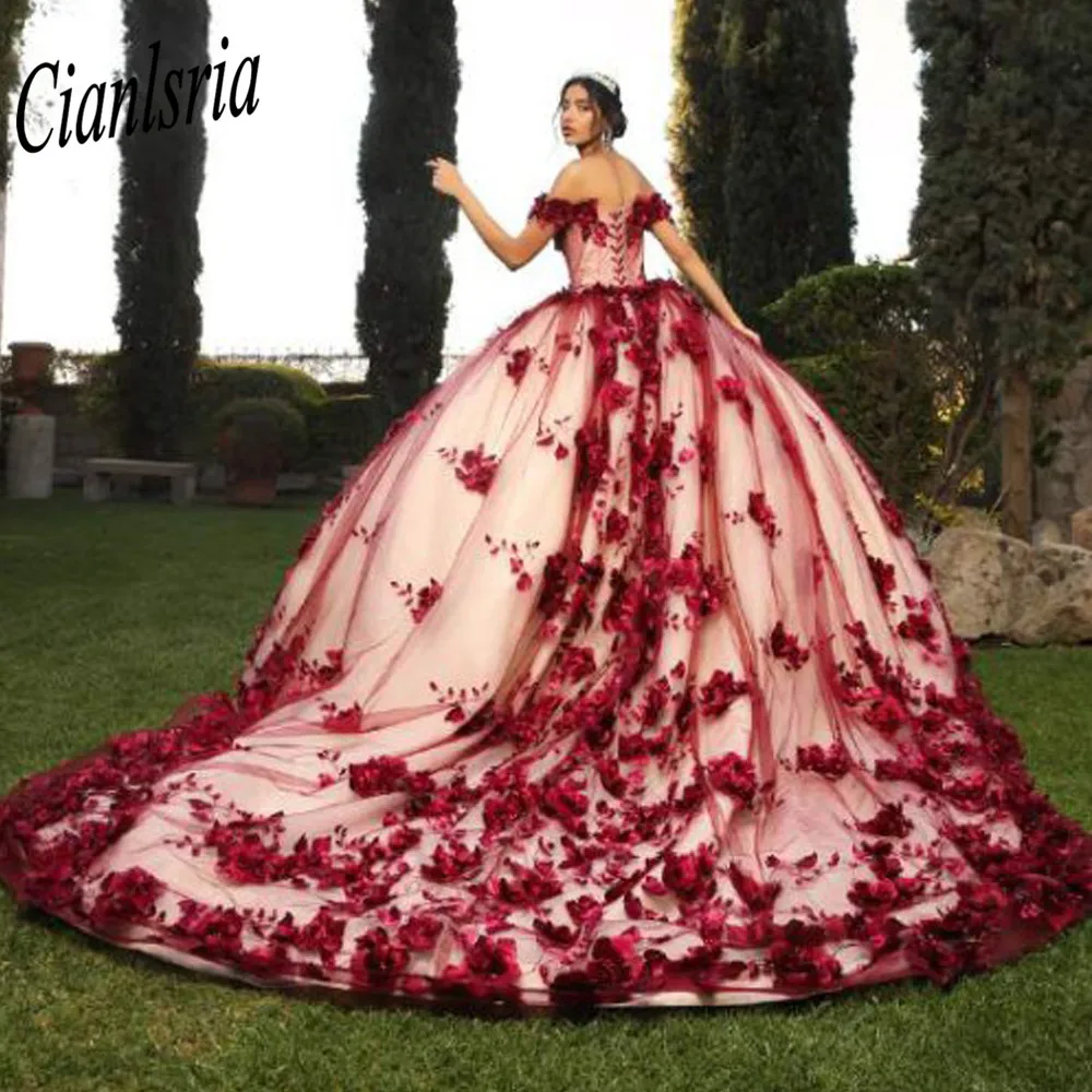 Robe de bal rouge 15 ans, sans manches, fleurs 3D, cristal, à plusieurs niveaux, volants, Appliques de perles, Corset doux