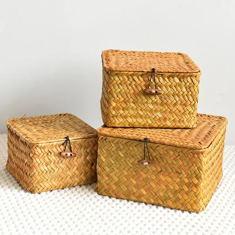 Cesta de armazenamento tecida à mão, caixa de armazenamento retangular, cesta de vime tecida à mão, desktop