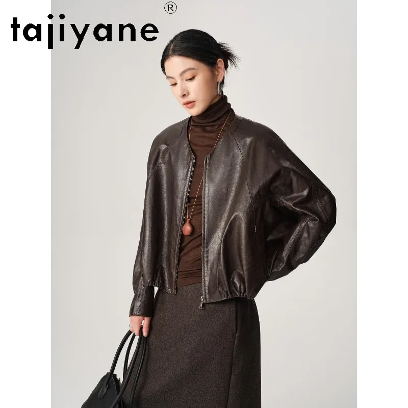 TAJIYANE Real Leather Jacket Woman Oil Waxed Sheepskin Leather Coat Cropped Jackets for Woman Batwing Sleeve Outerwear V-neck 자켓