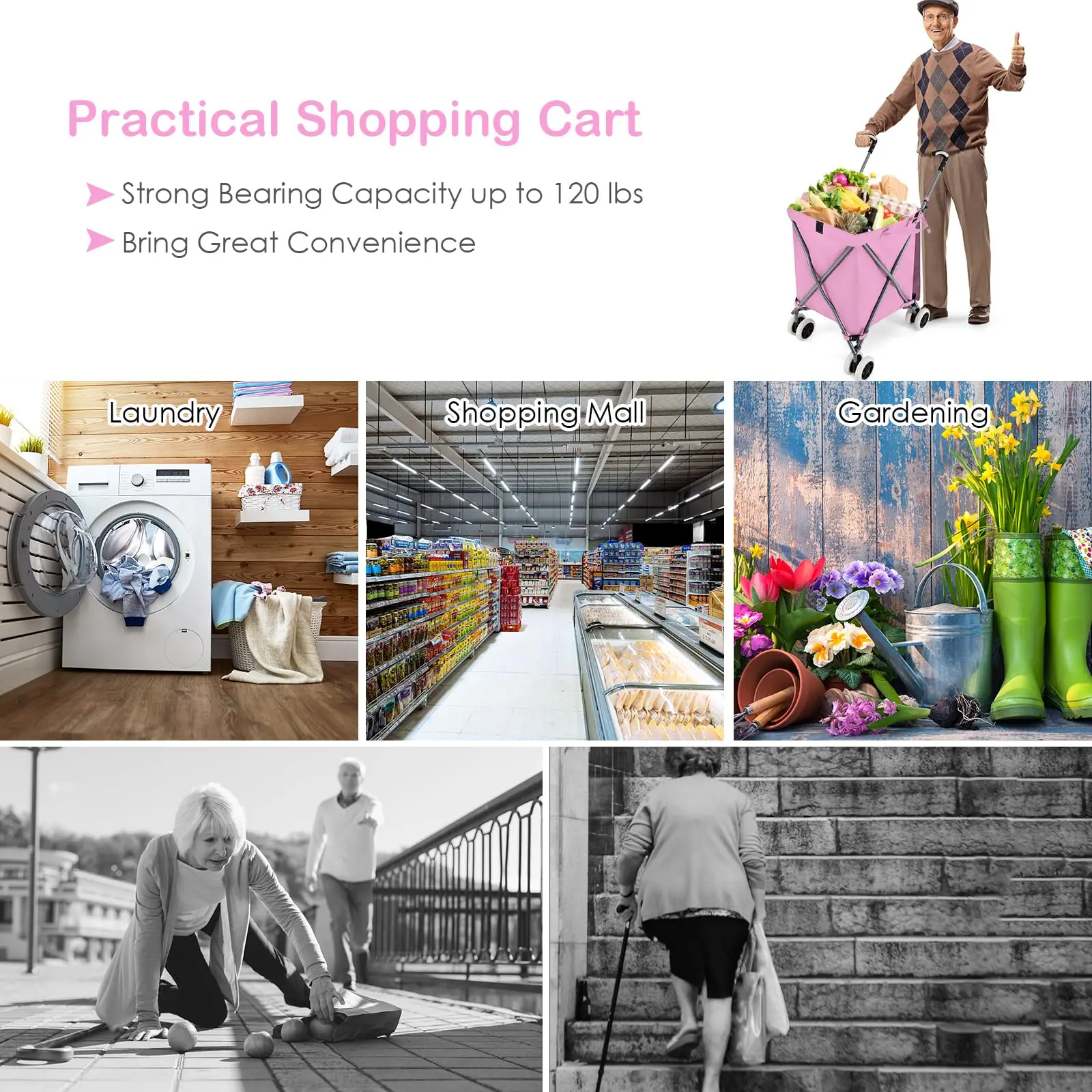 Folding Shopping Cart with Wheels, Grocery Cart with Removable Oxford Cloth Liner, Lightweight Utility Cart for