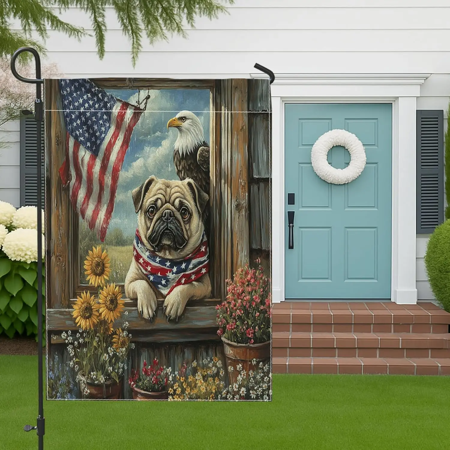 4th of July Pug Dog Garden Flags 12x18 Inch Double Sided for Outside, 250 Years Farmhouse Standard Vertical Canvas House Fla AAS