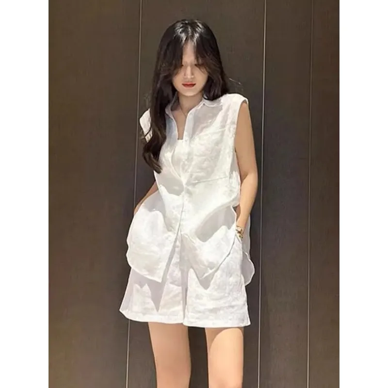 Women Lapel Sleeveless Shirt And Elastic Waist Shorts Two Piece Set Loose Old Money Summer Casual Outfit