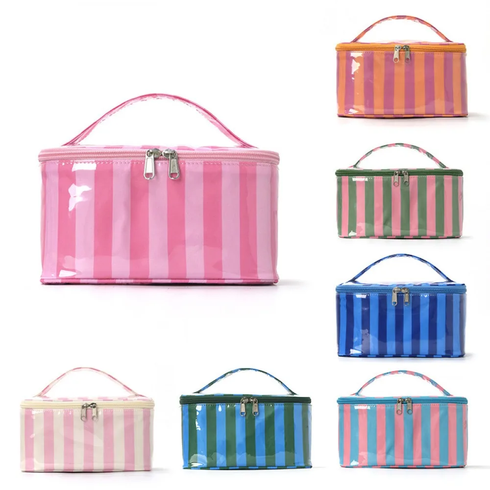 Glossy PVC striped hand-held makeup bag, large-capacity waterproof toiletry bag, travel skincare storage bag, multi-color cosmet